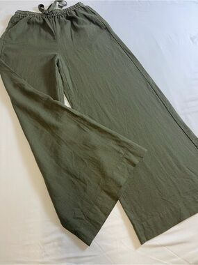 Max Studio London Linen Blend Pants Olive Green Wide Leg Elastic Waist Size S